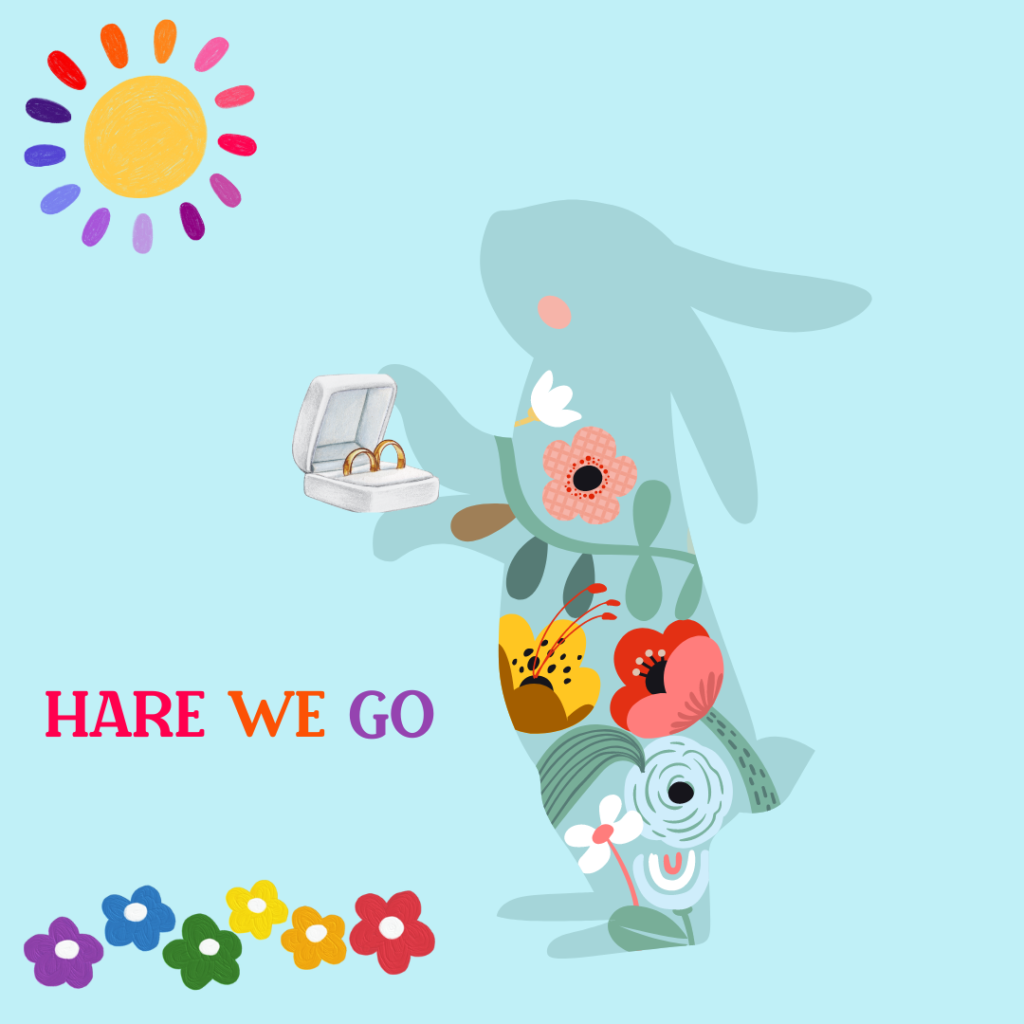 a flower hare holding a ring box with a cartoon sun and cartoon flowerws
